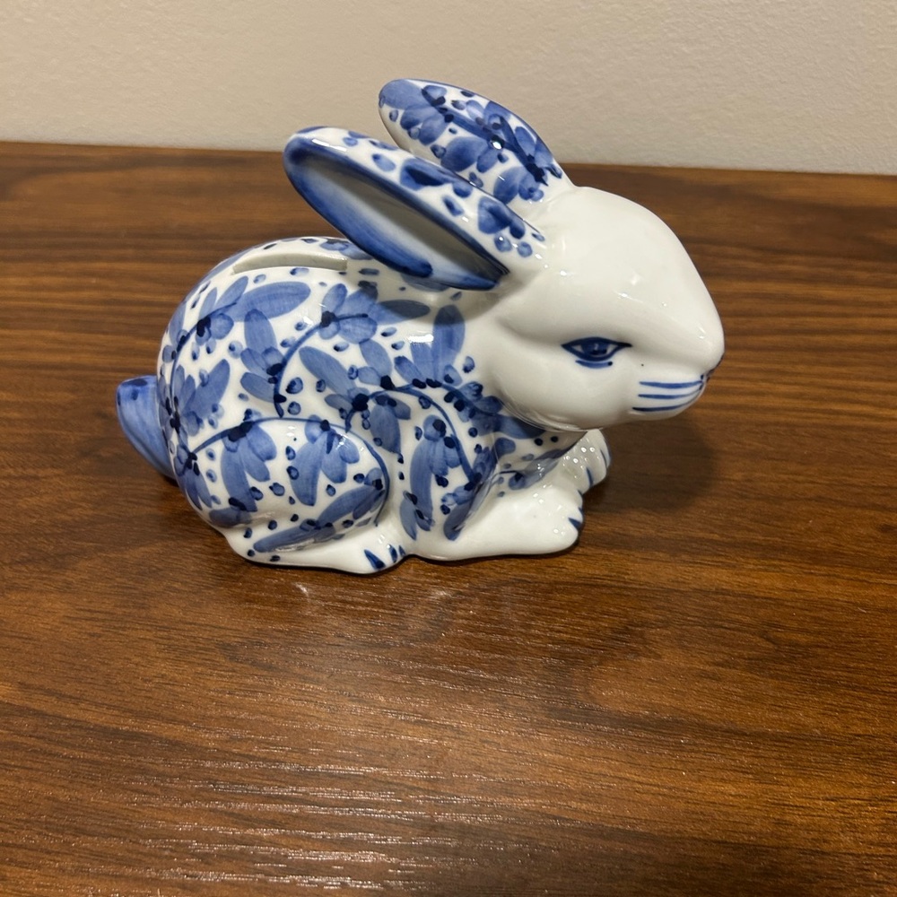Ceramic Floral Bunny Rabbit Coin Bank Blue and White